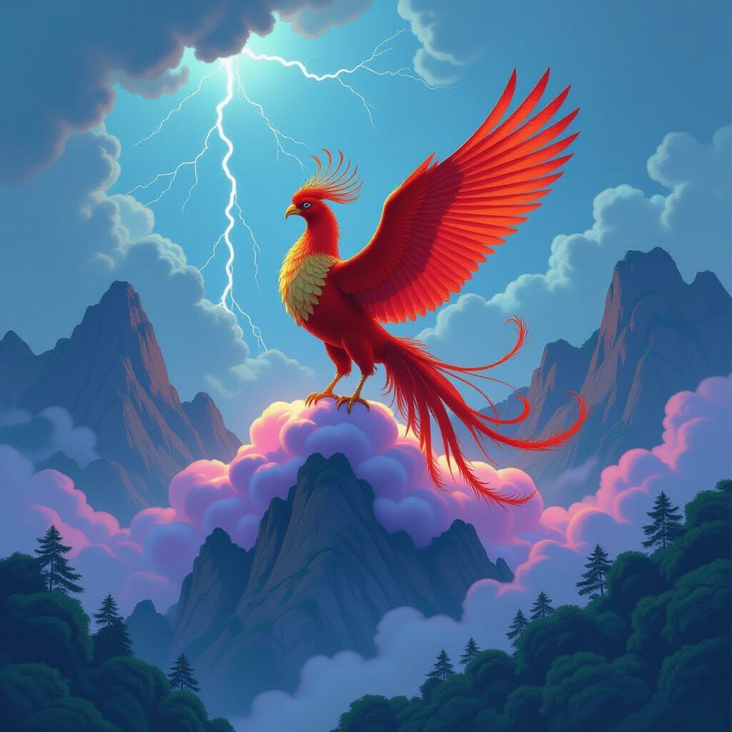 Majestic Fire Bird on Mountain in Ethereal Style