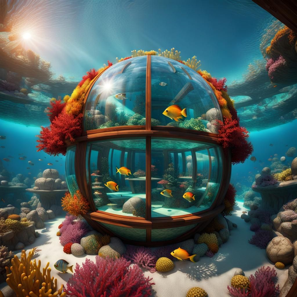Underwater Greek Home in Glass Sphere, 32k Render
