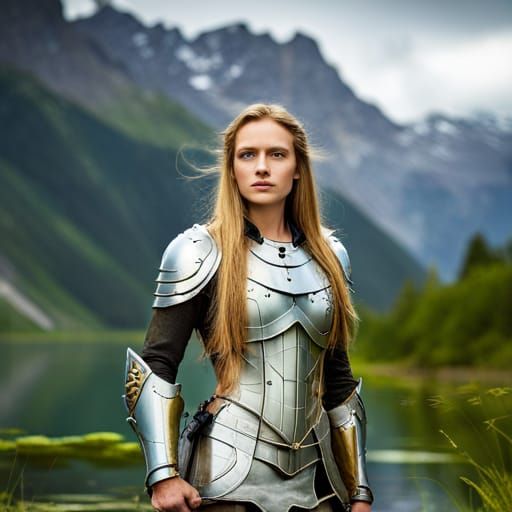 Woman in Medieval Armor at Mountain Lake
