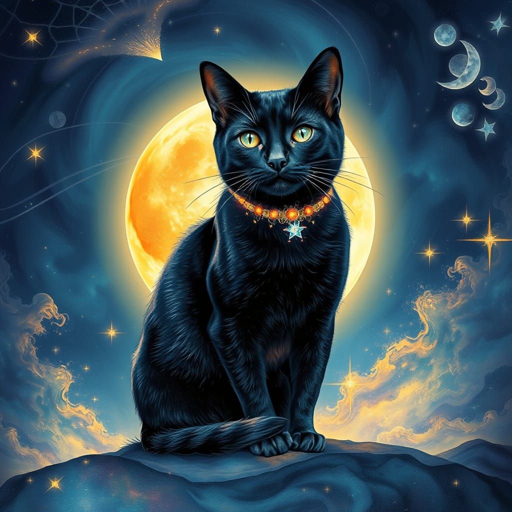 Black Cat with Celestial Collar and Full Moon