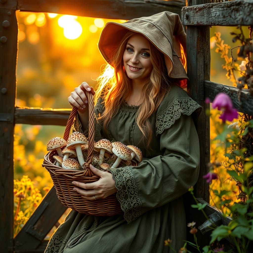 Ancient Herbal Witch in Evening Sunlight Gathering Mushrooms