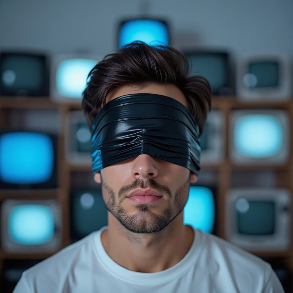 Man Blindfolded by Plastic Surrounded by TVs
