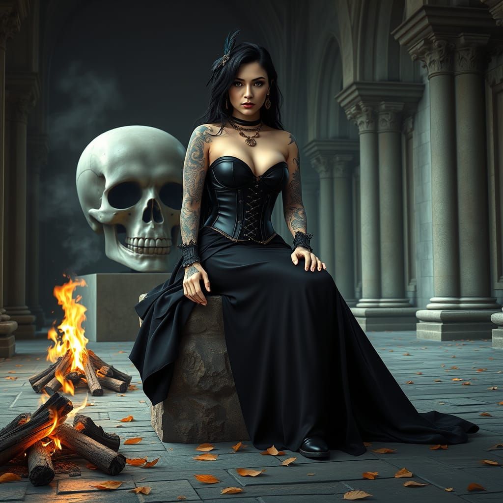 Gothic Tattooed Woman on Stone Pedestal