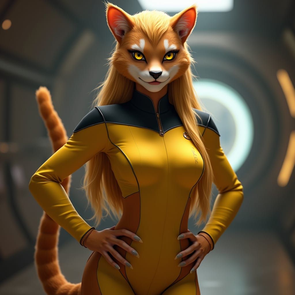 Caitian Female Starfleet Officer in Vibrant Yellow Uniform