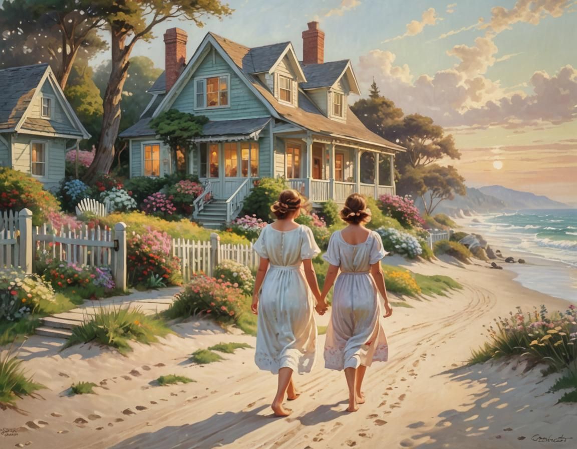 Serene Woman Strolls Along Seaside Cottage in Warm Light