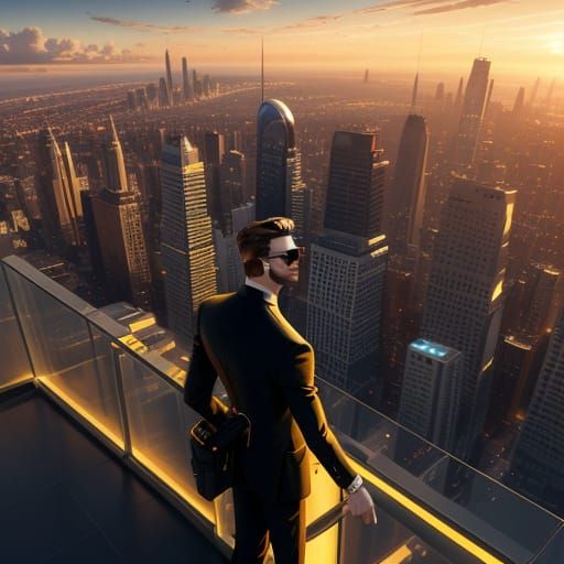 Elegant Man in Futuristic Cityscape