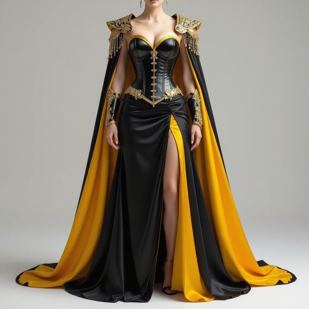 Elegant Warrior Gown: Black Leather Corset with Golden Detai...