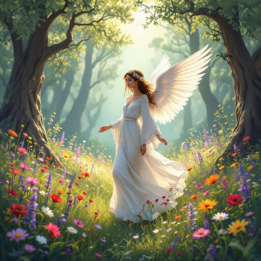 Ethereal Angel in Magic Forest, Fantasy Art