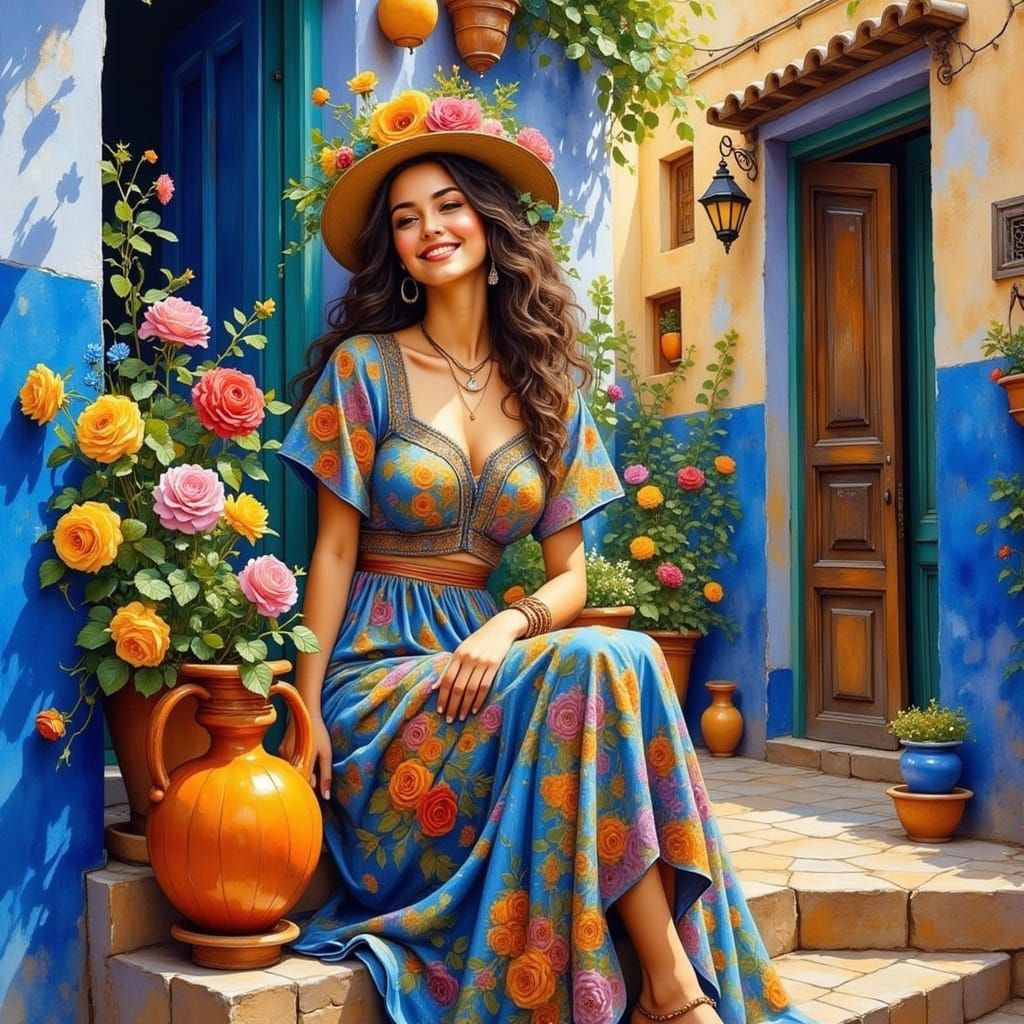 Mediterranean Town in Watercolour Style with Moroccan Woman