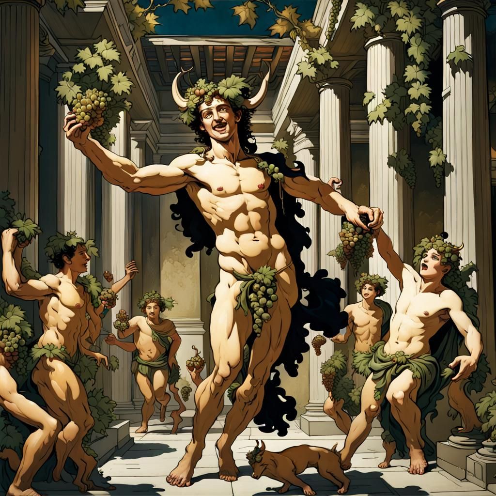 Bacchus, Horned God of Wine, in Ancient Courtyard