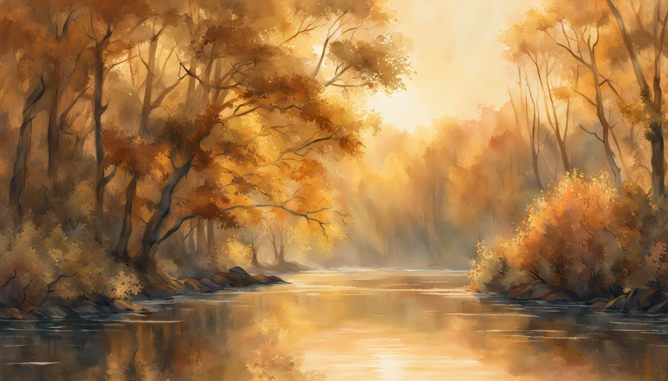 Serene Sunset River Scene in Impressionist Watercolor Style