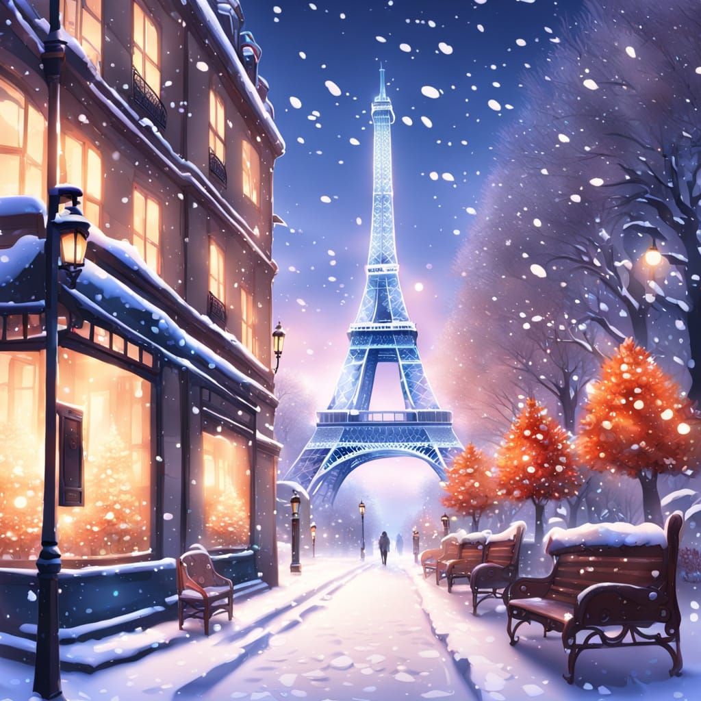 Snowy Eiffel Tower in Anime Winter Scene