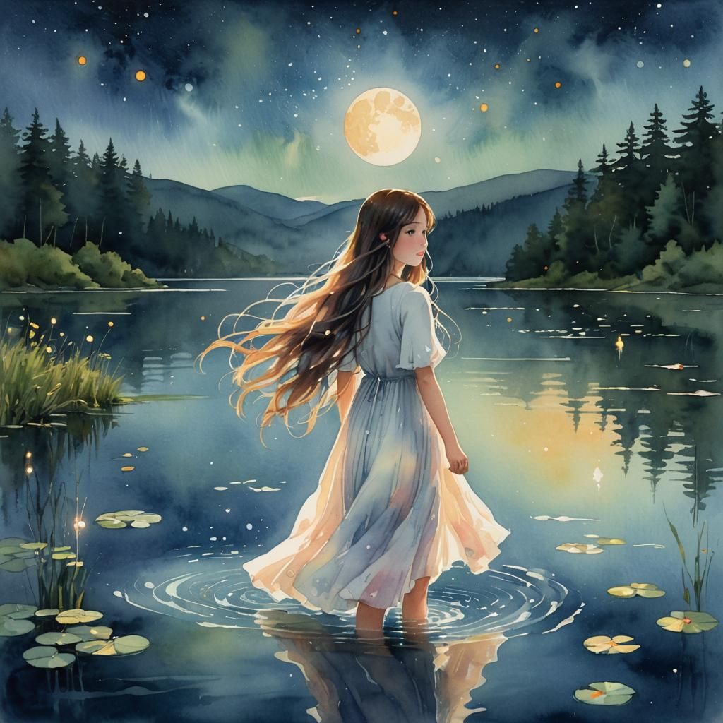Watercolor Girl at Lake with Fireflies, Ghibli Style