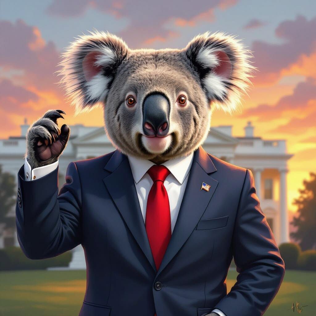 Koala in Suit Channels Trump at Sunset White House