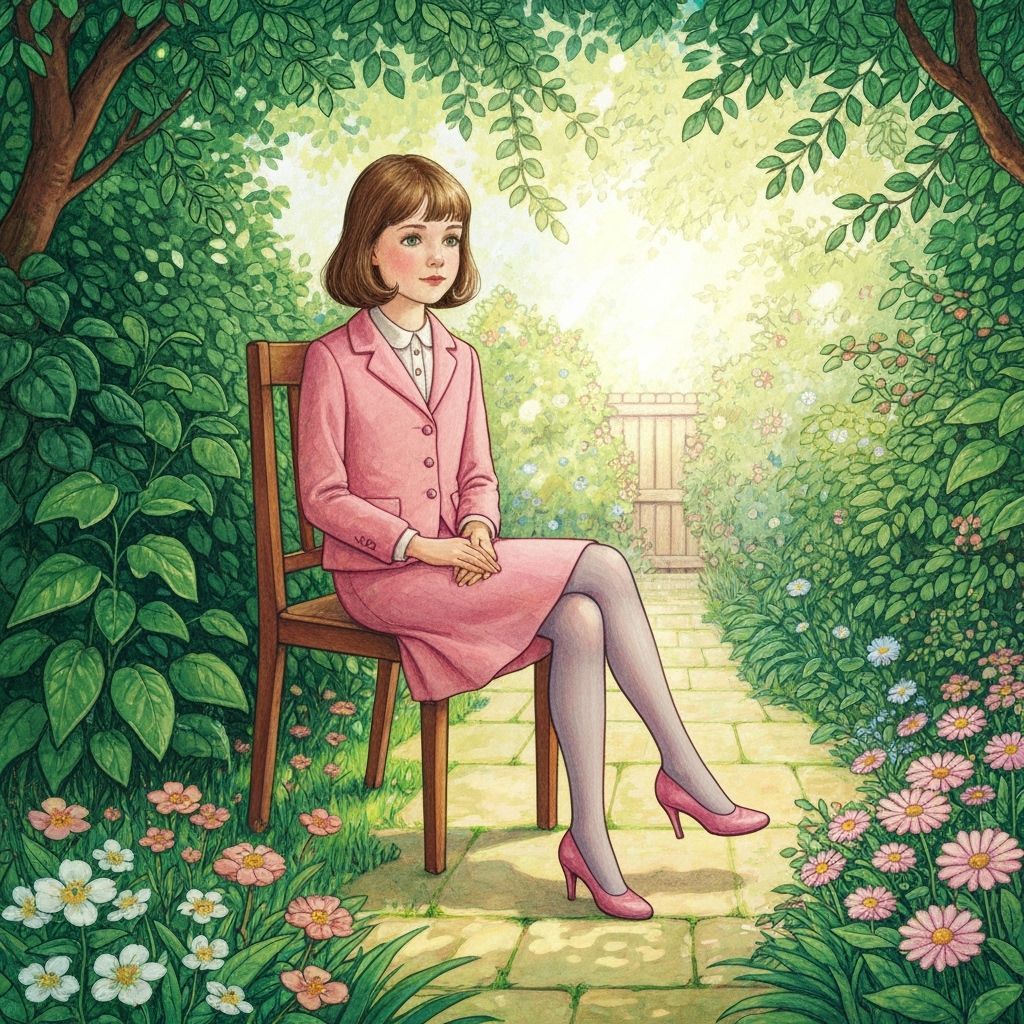 Young Girl in Pink Skirt Suit Sits in Lush Backyard