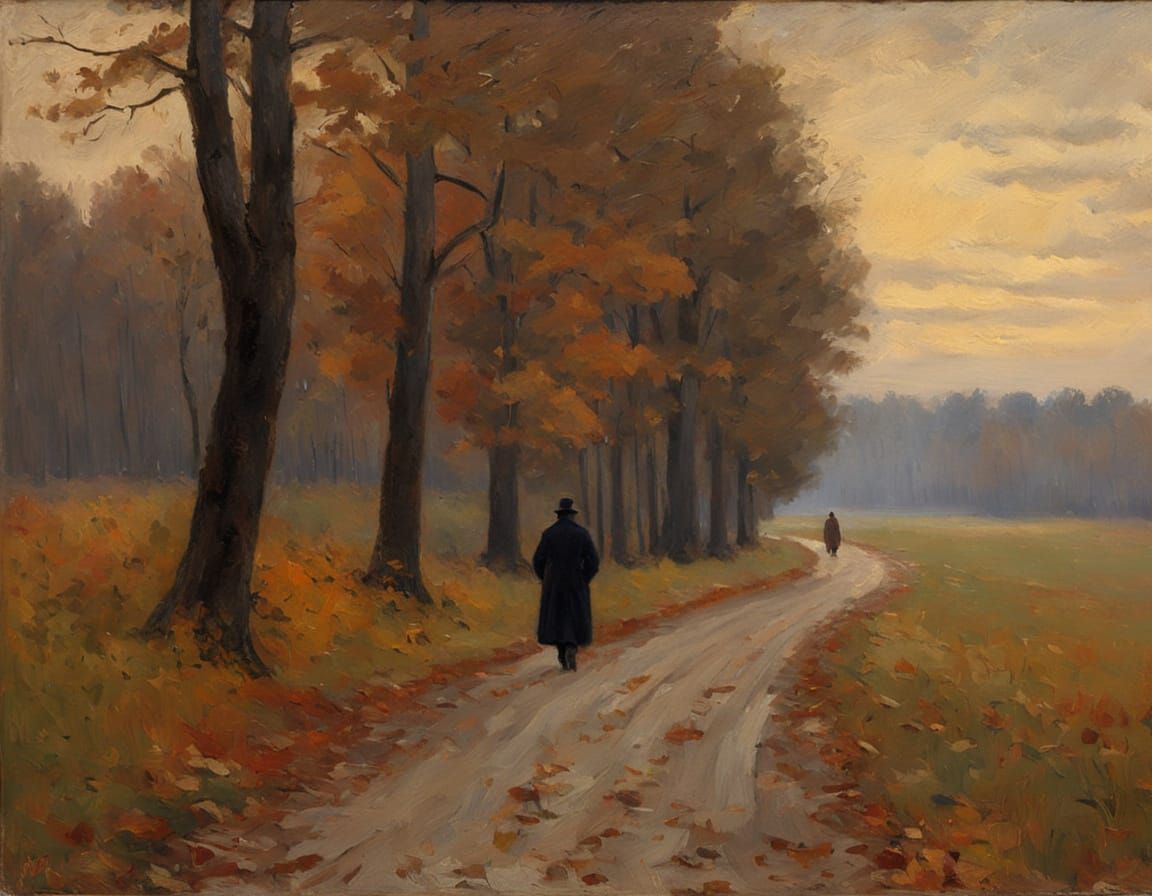 Autumnal Figure on Winding Path: Tonal Impressionist Oil Pai...