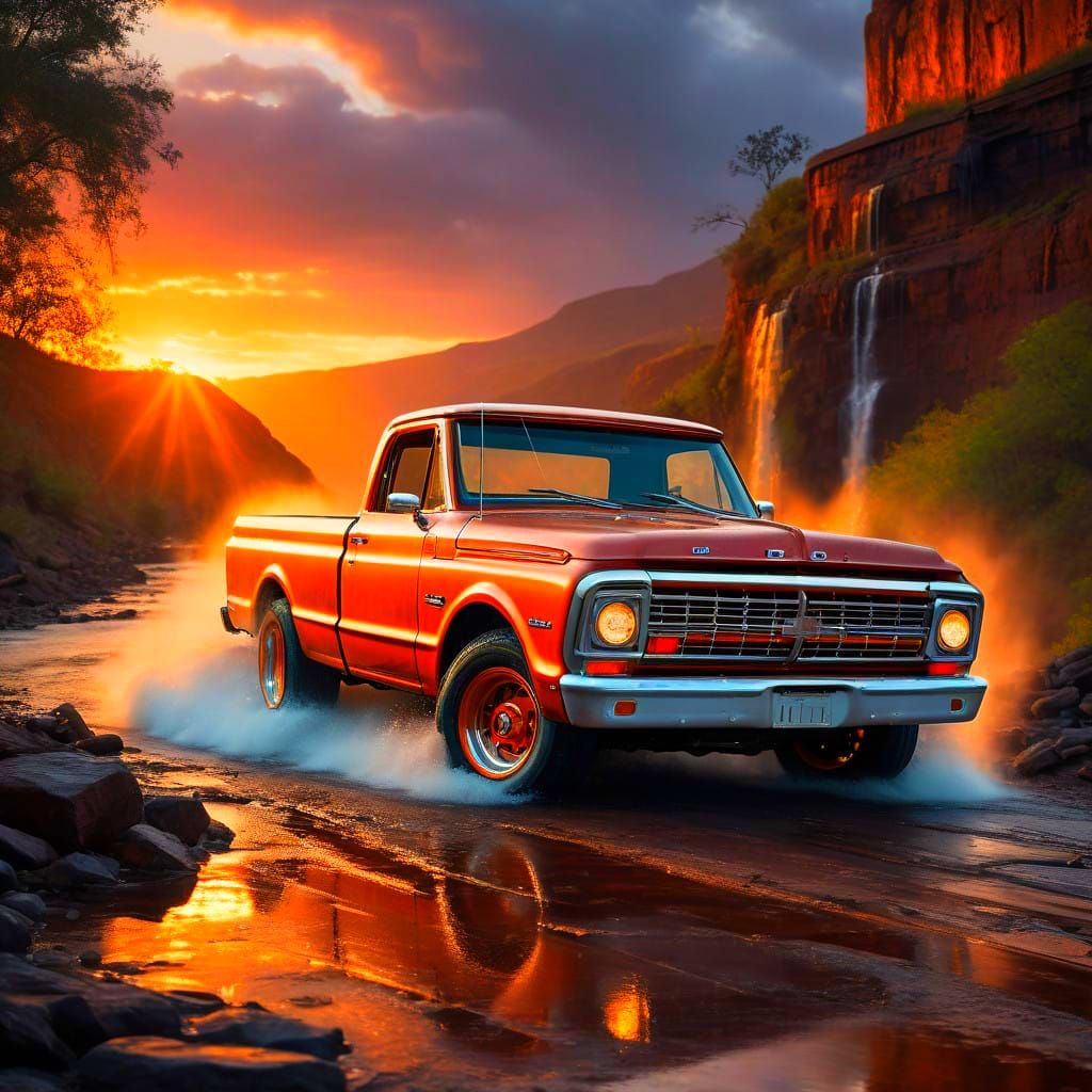 Low Rider Sunset Scene with Vintage Pickup Truck in Copper a...