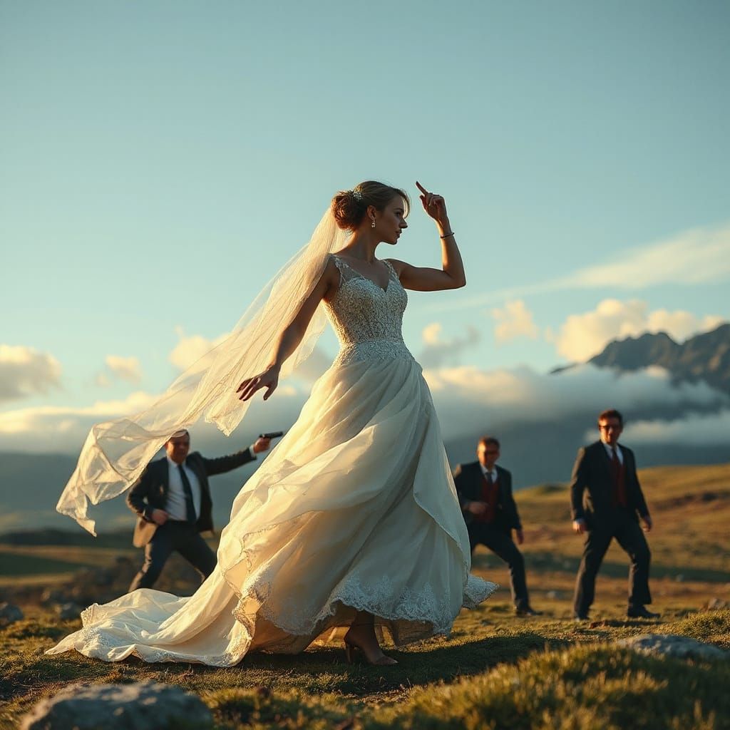 Bride's Showdown in a Cinematic Landscape