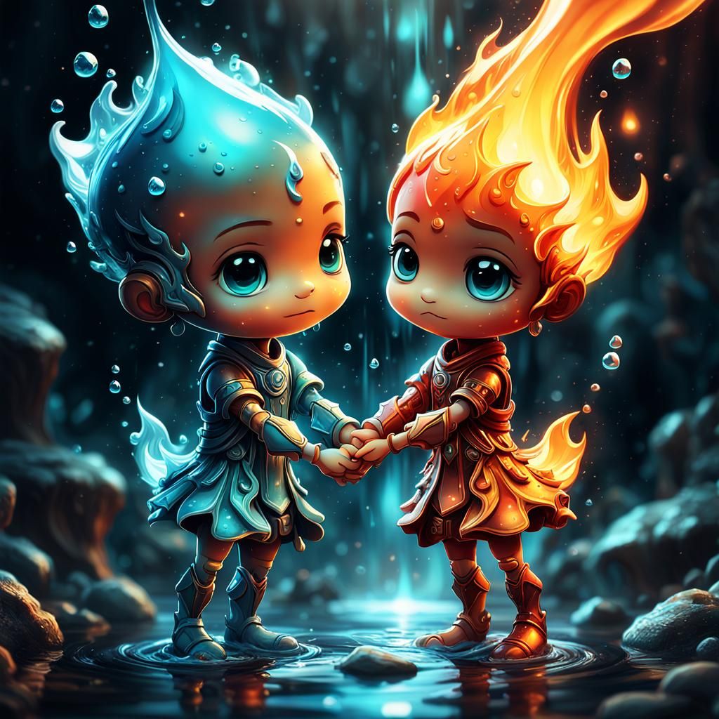 Chibi Flame and Water Droplet Digital Illustration