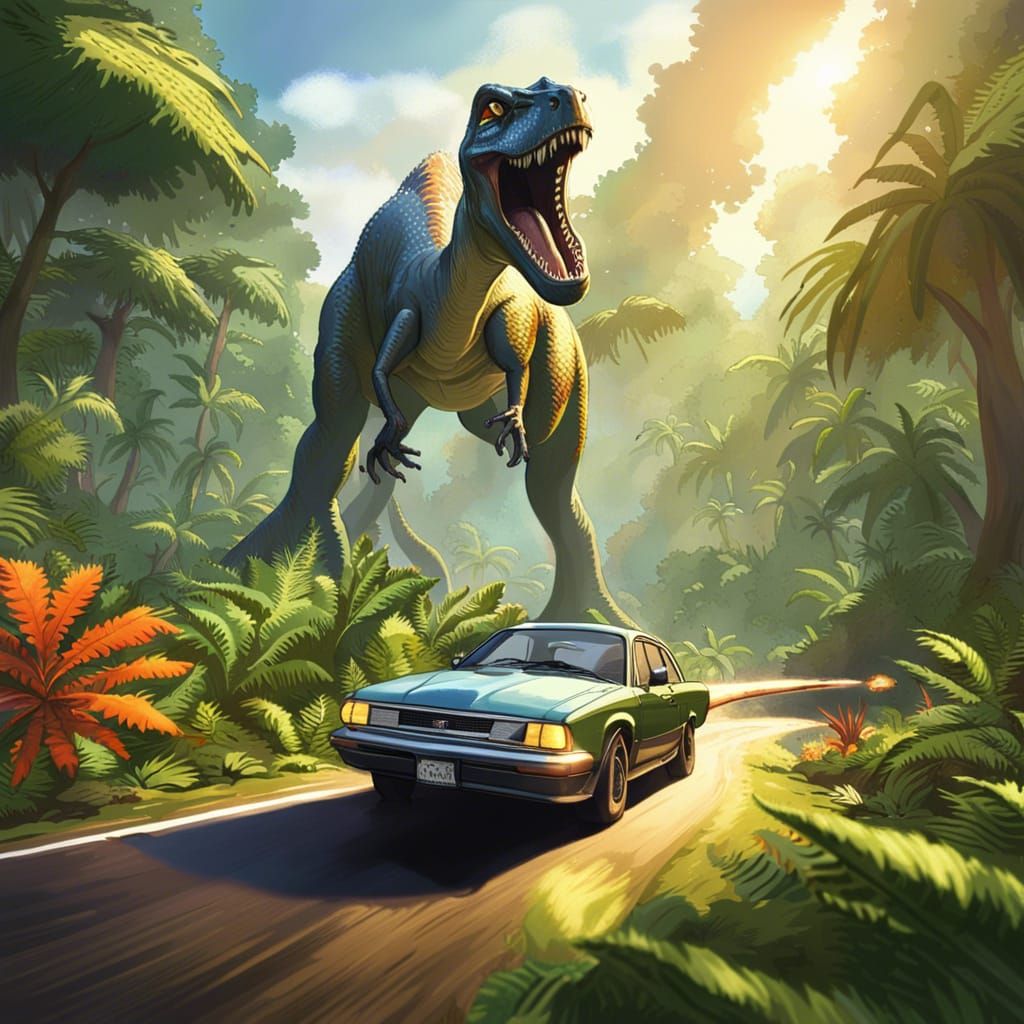 Dinosaur Park: Car in Prehistoric Landscape, Digital Art