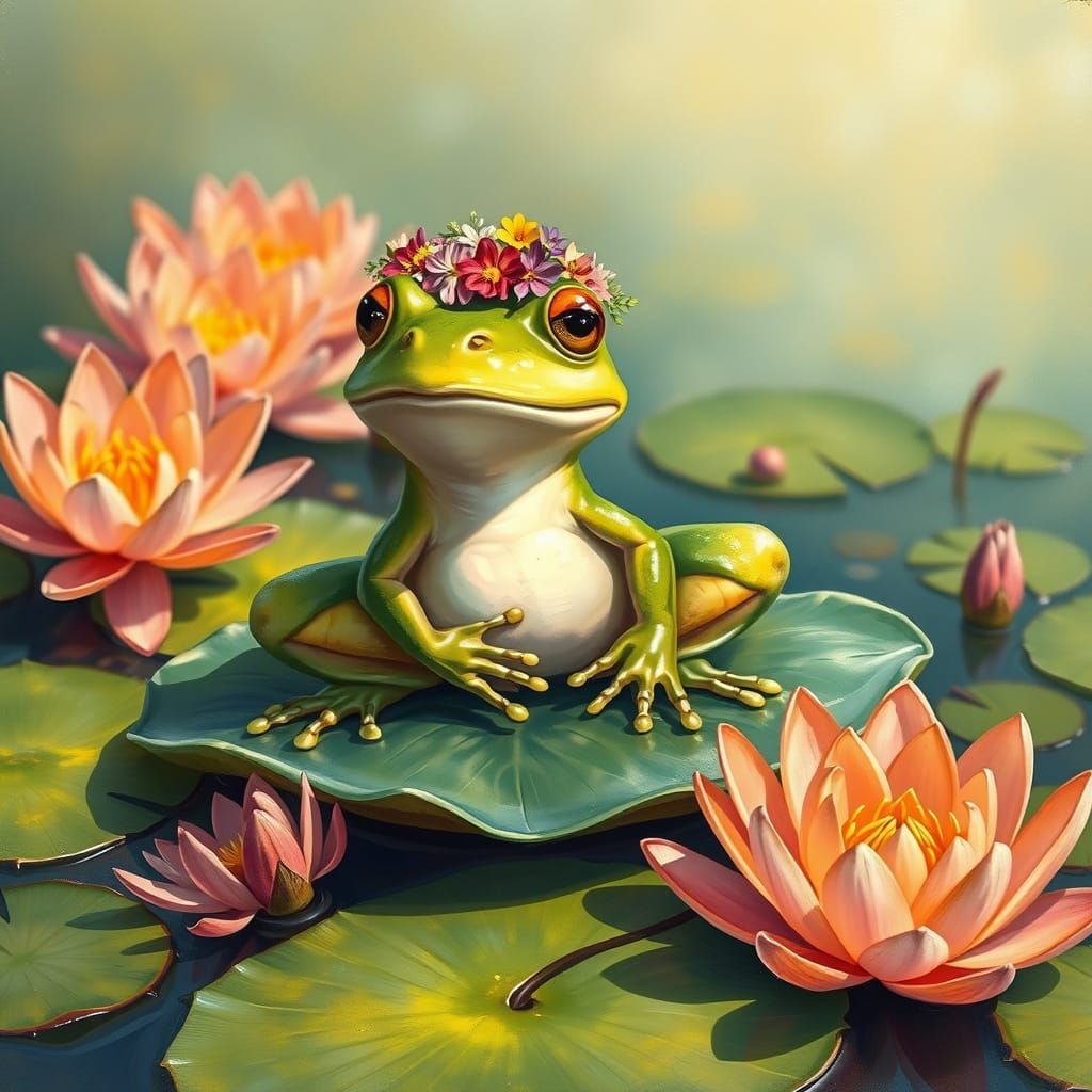 Crowned Frog on Lily Pad in Whimsical Style