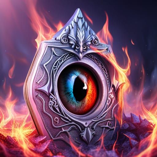Floating Dragon Eye Book in Flames, 3D Render