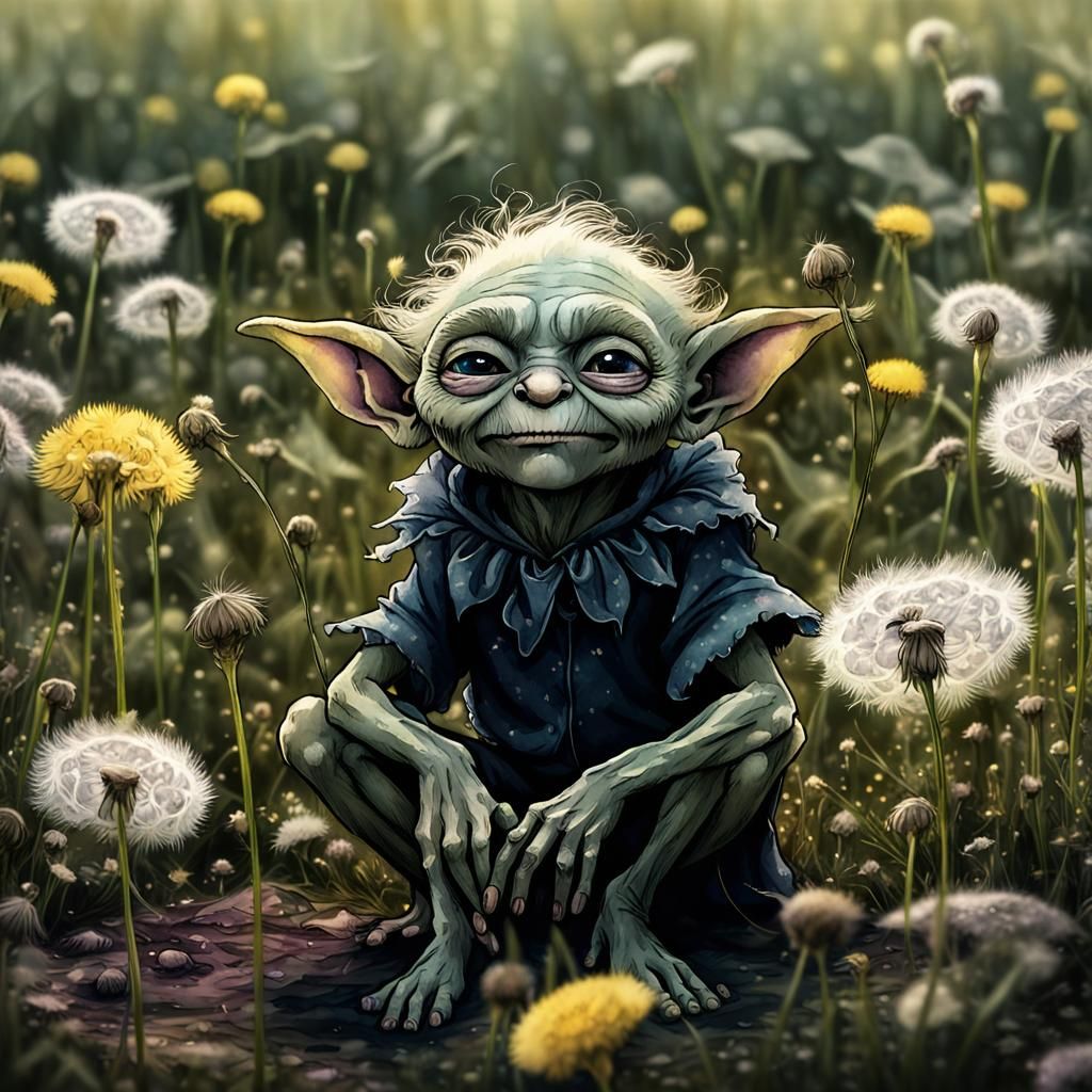 Whimsical Pixie Goblin in Dandelion Field Illustration