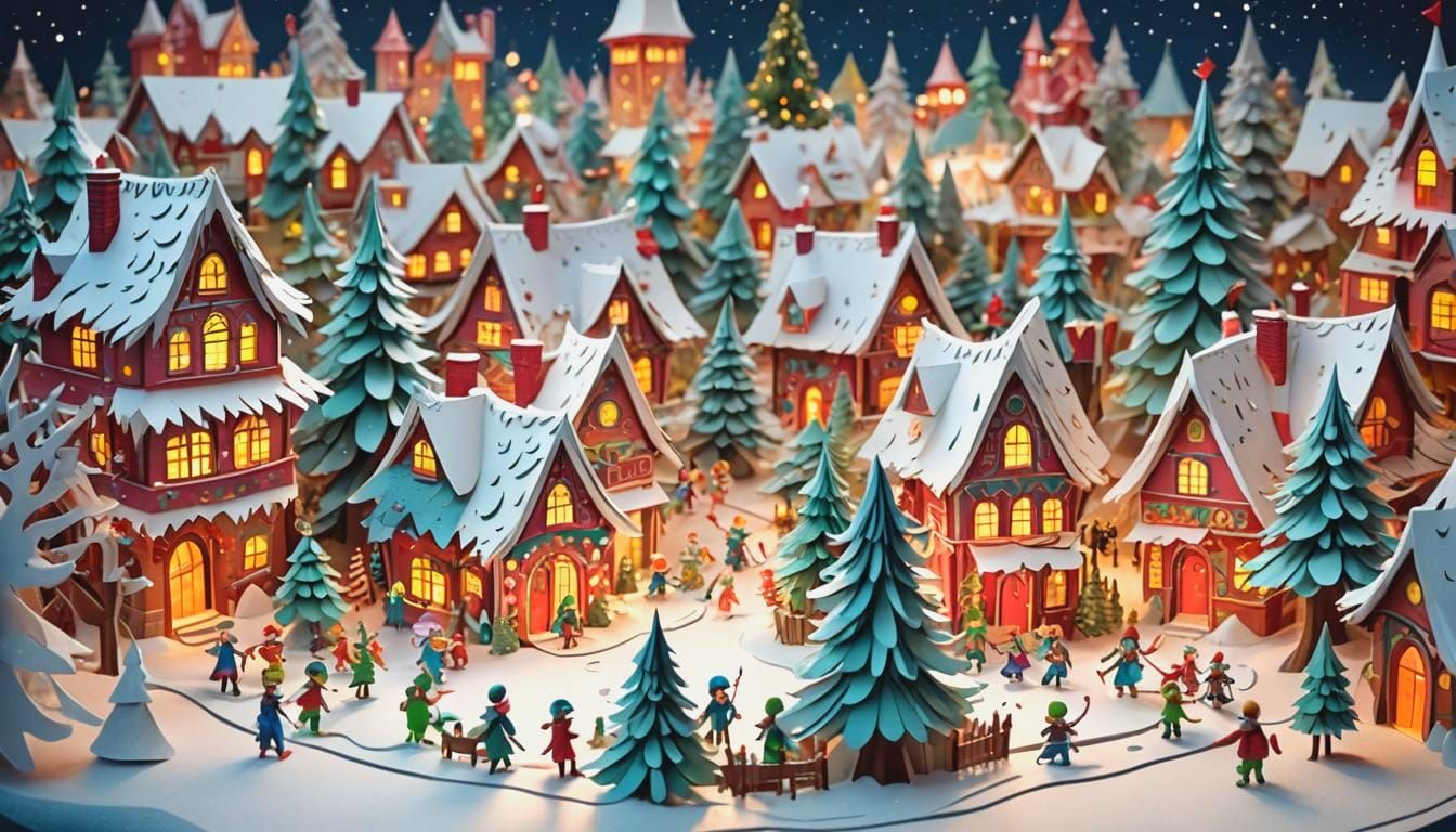 Surreal Christmas Wonderland with 3D Pop-up Scenes