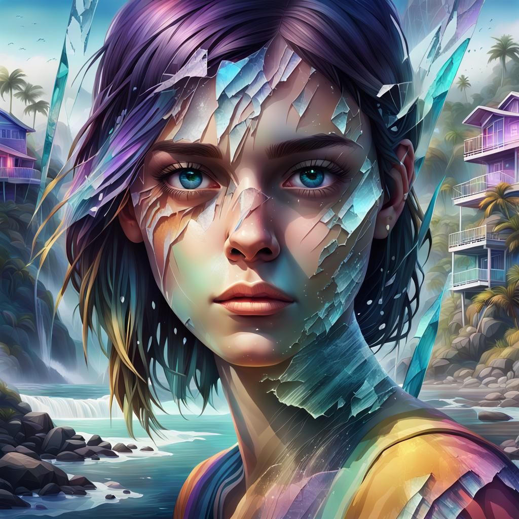 Shattered Glass Face Overlapping Waterfalls in Digital Art