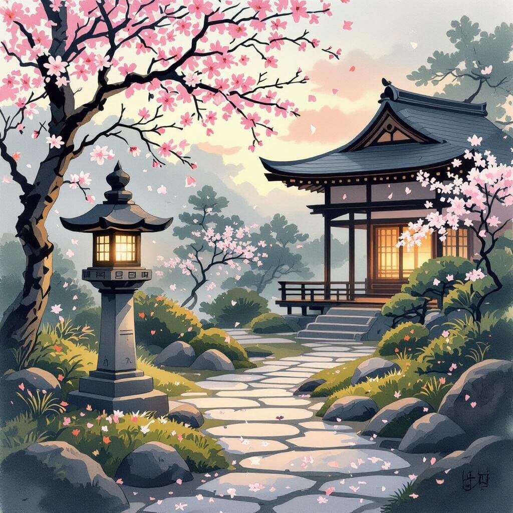 Japanese Garden at Dusk: Lantern Glow and Falling Blossoms
