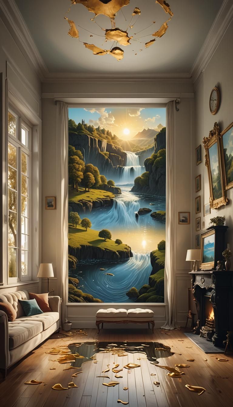 River Flows From Painting in Surreal Digital Art