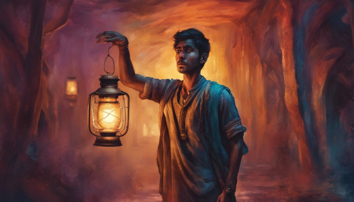 Scared Man with Lantern and Ghost in Hyperrealism