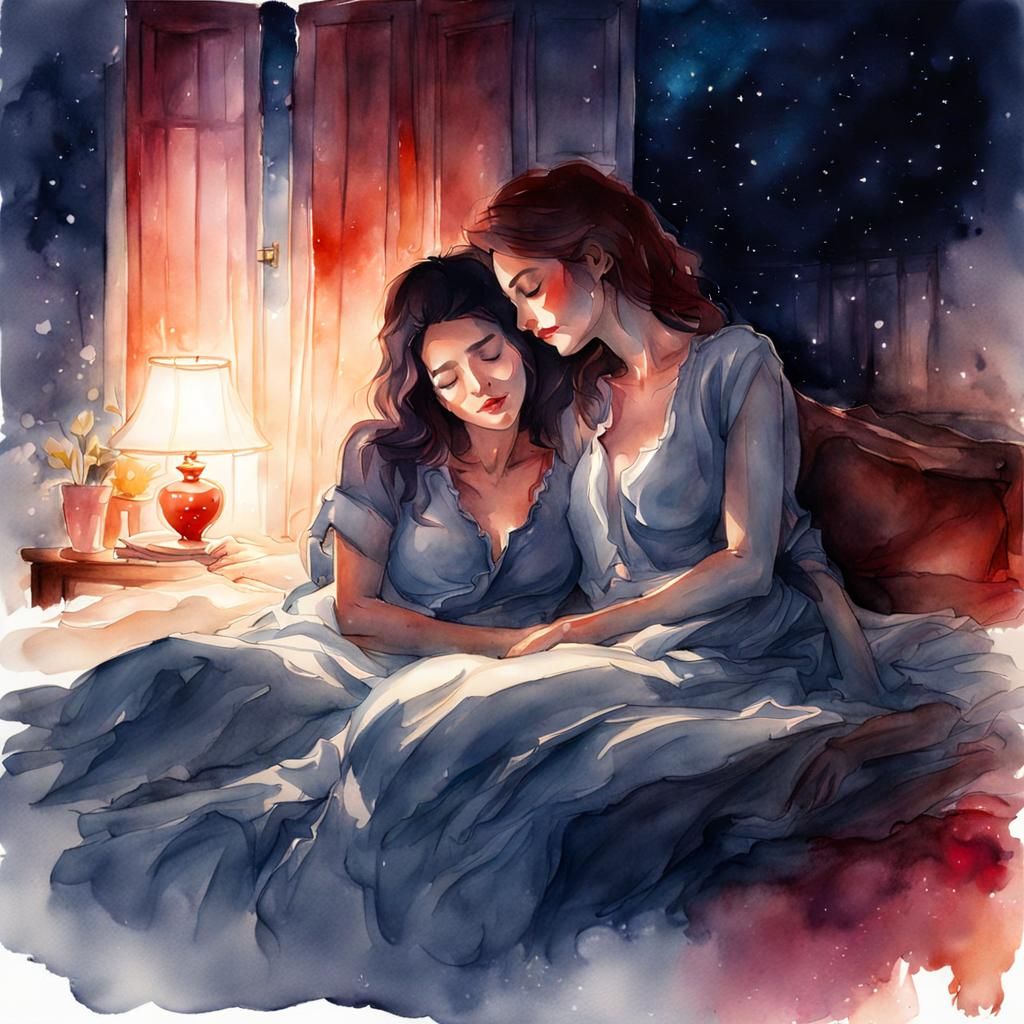 Women Cuddling at Night in Watercolor Style