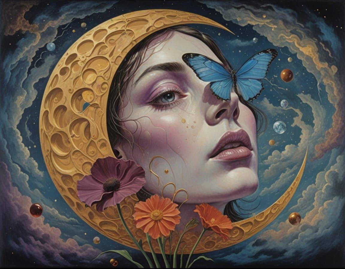 Surreal Oil Painting of a Woman in a Dreamlike Landscape