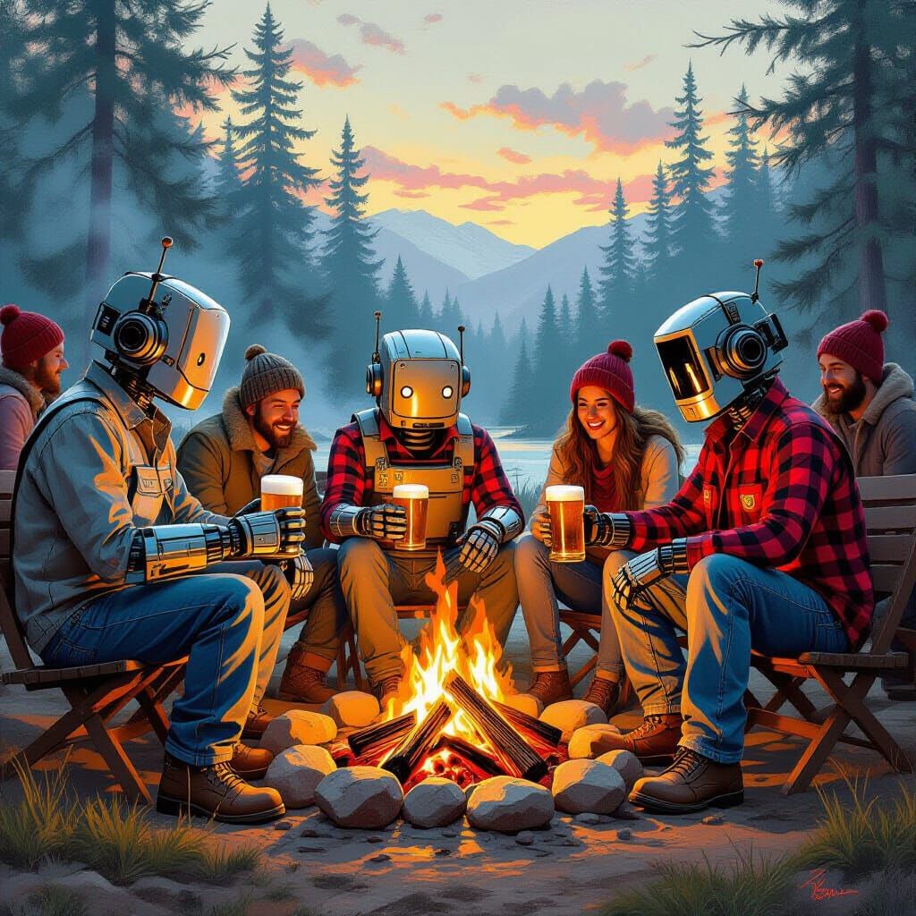Robots Enjoying Bonfire Party in Rustic Sci-Fi Style