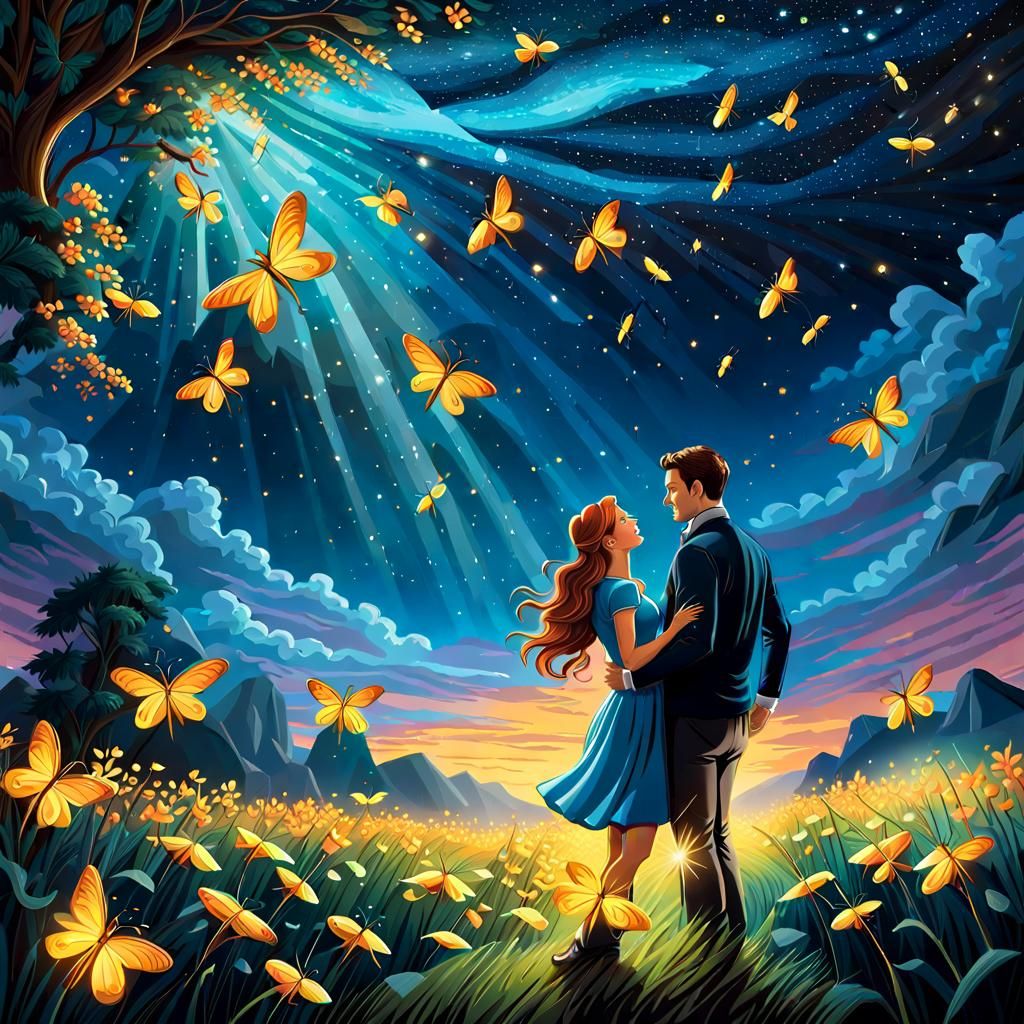 Glowing Fireflies Over Romantic Couple: Digital Matte Painti...
