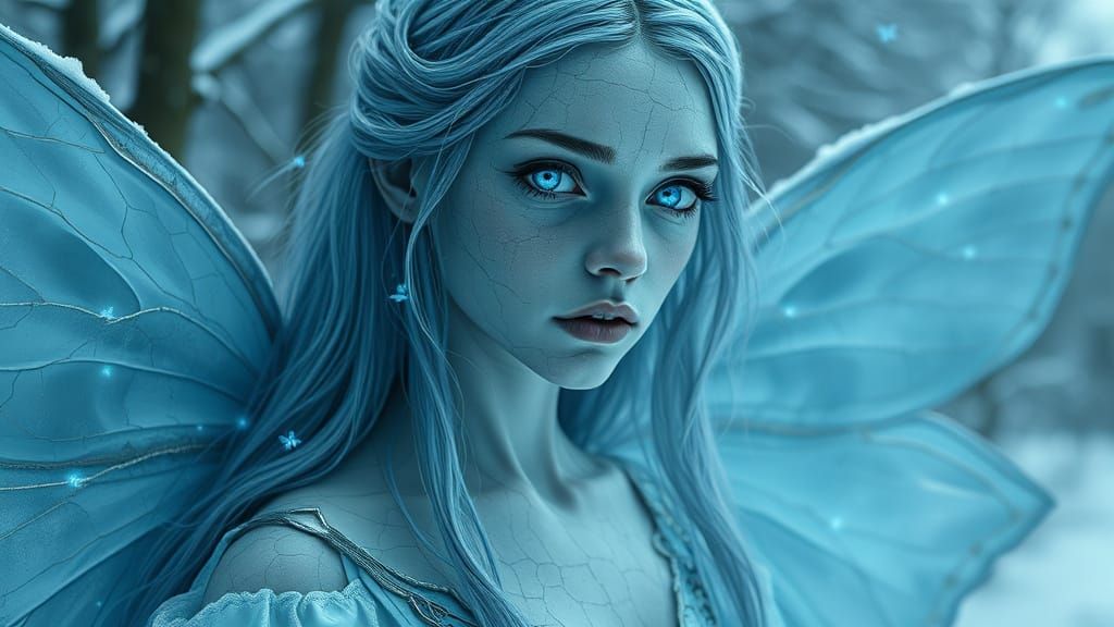 Ethereal Winter Fairy Portrait with Cracked Porcelain Skin