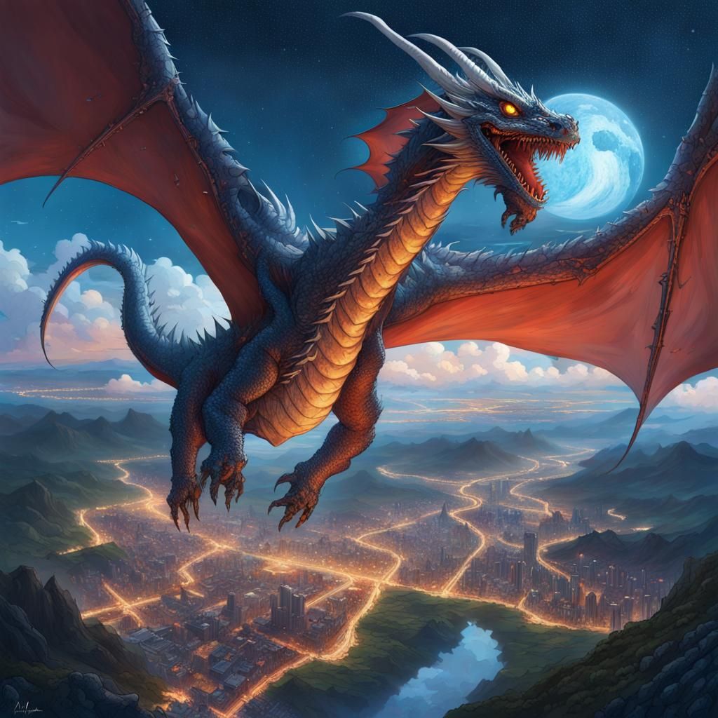 Majestic Dragon Soaring Through Starry Skies