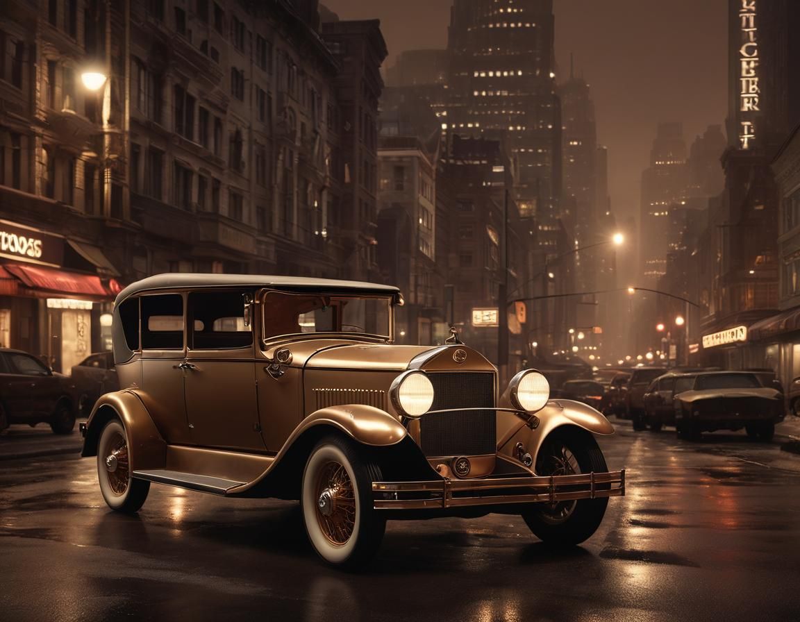 Vintage Car to Future Cityscape in Sepia Tone
