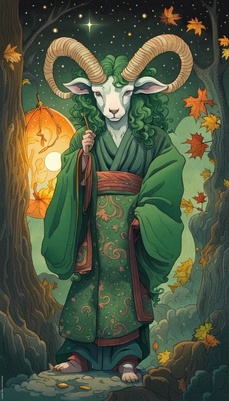 Green-Haired Man Catches a Star: Gouache Painting