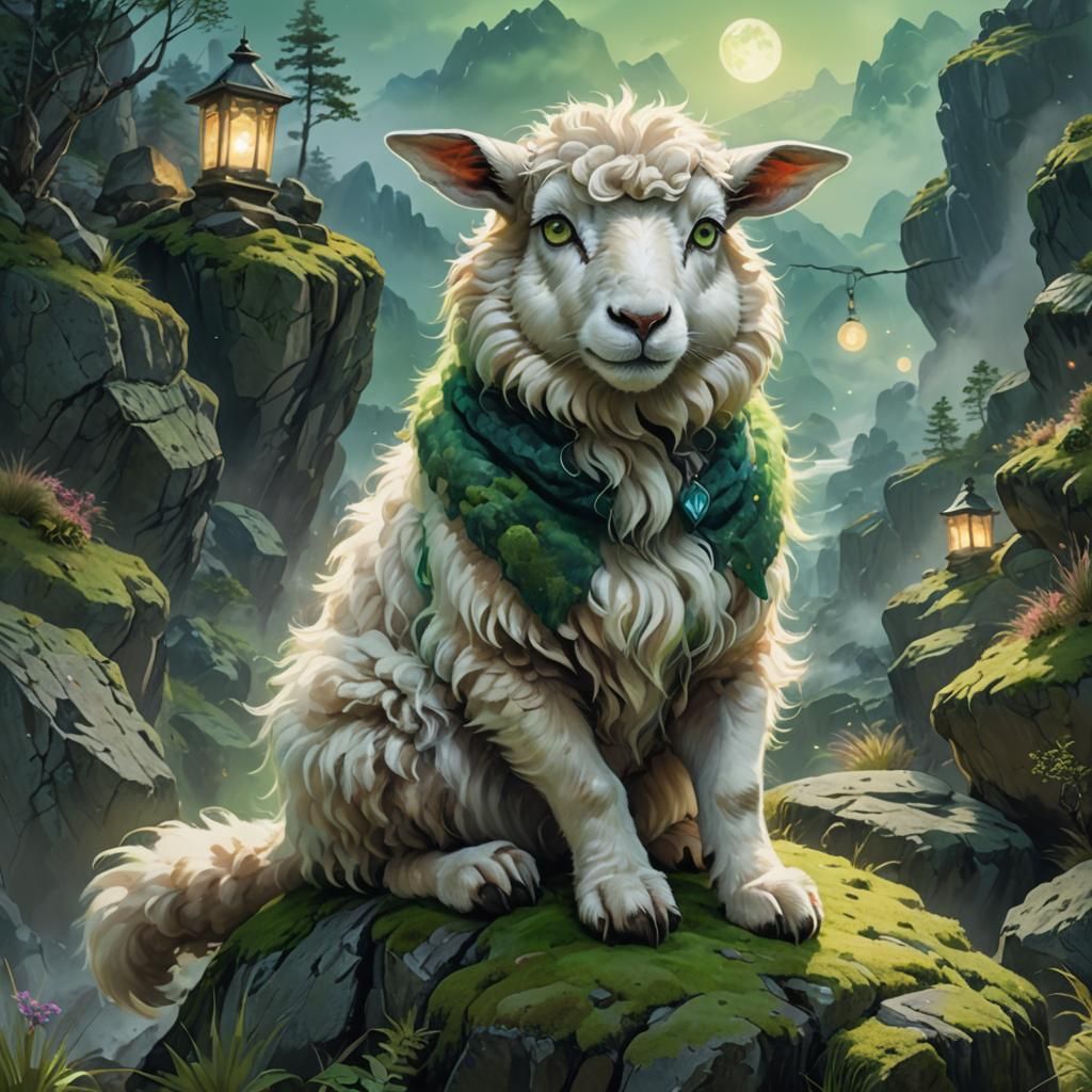 Majestic Sheep-Cat Hybrid in Anime Style