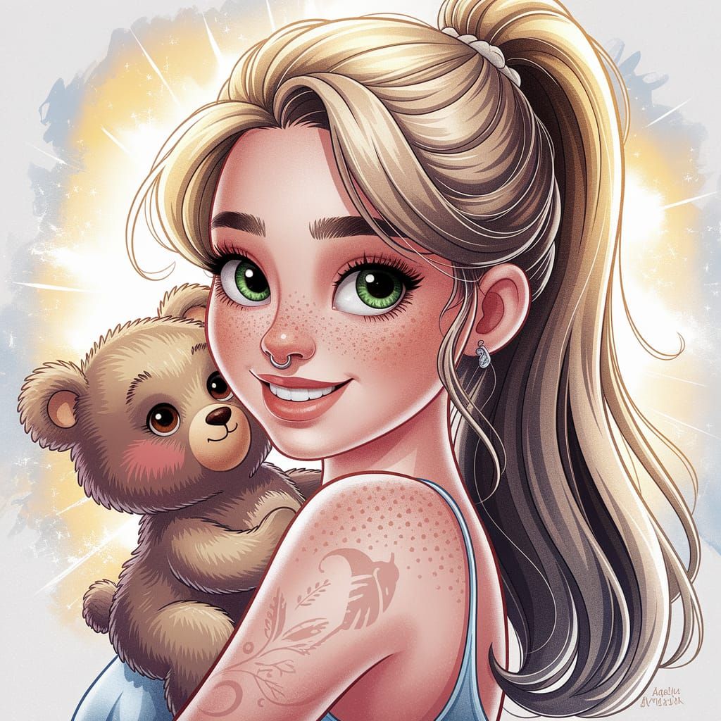 Joyful Woman and Bear in Pixar-Inspired Watercolor