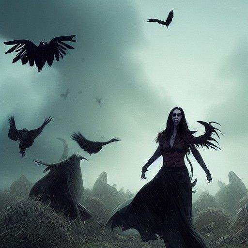 Morrigan on Battlefield with Ravens, Greg Rutkowski Style