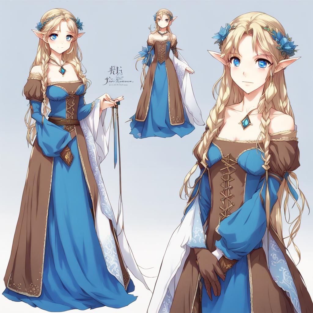 Elf Princess in Blue Renaissance Dress, Anime Style