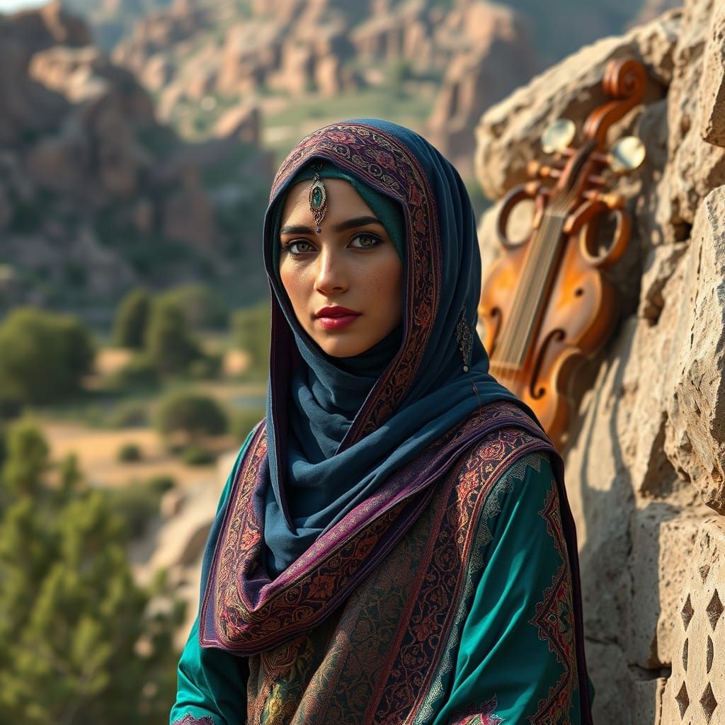 Afghan Queen in Velvet Hijab: Digital Art Portrait