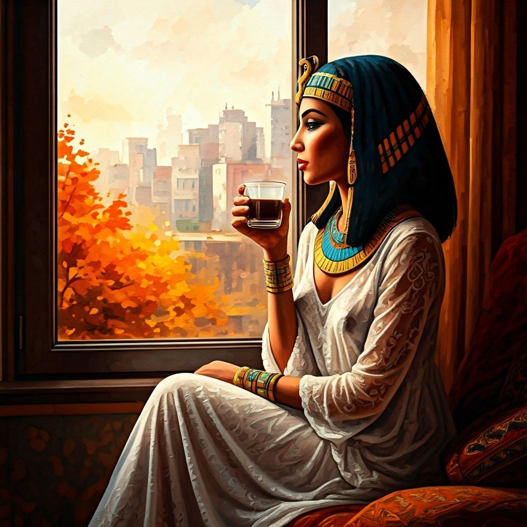 Egyptian Girl Enjoys Coffee Amidst Urban Autumn Landscape