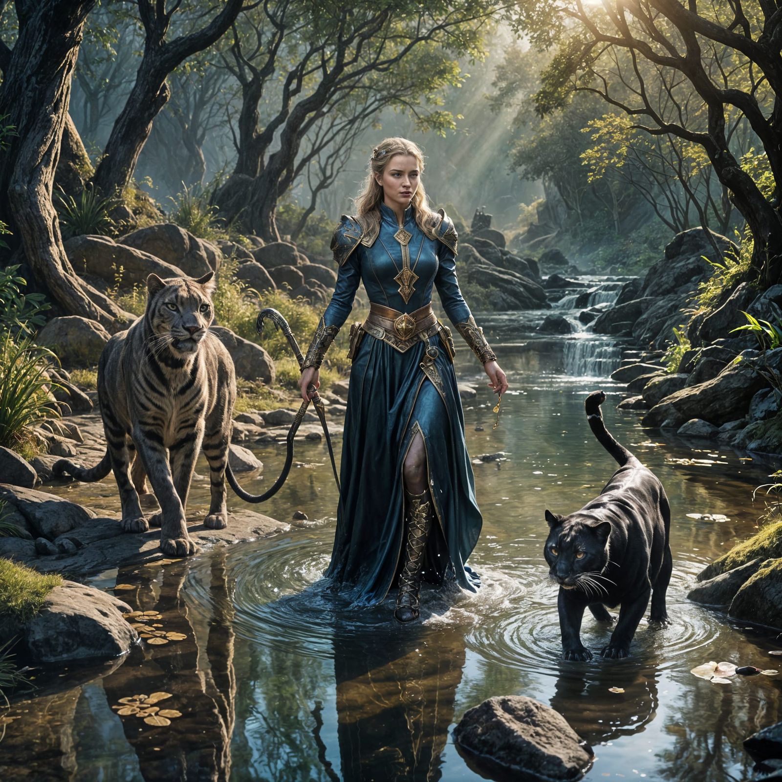 Sorceress and Panther by a Stream in Fantasy Art