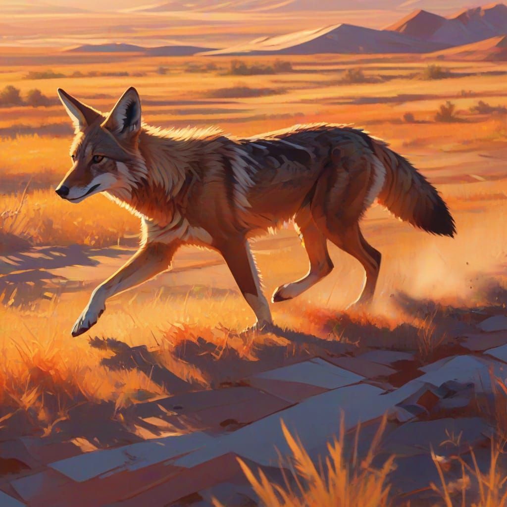 Cubist Coyote Runs Across Prairie at Sunset