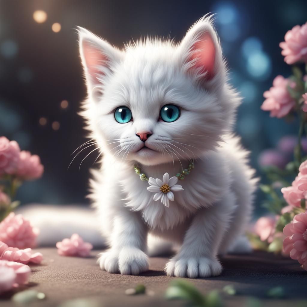 Cute White Kitten with Flower Tiara in Matte Painting