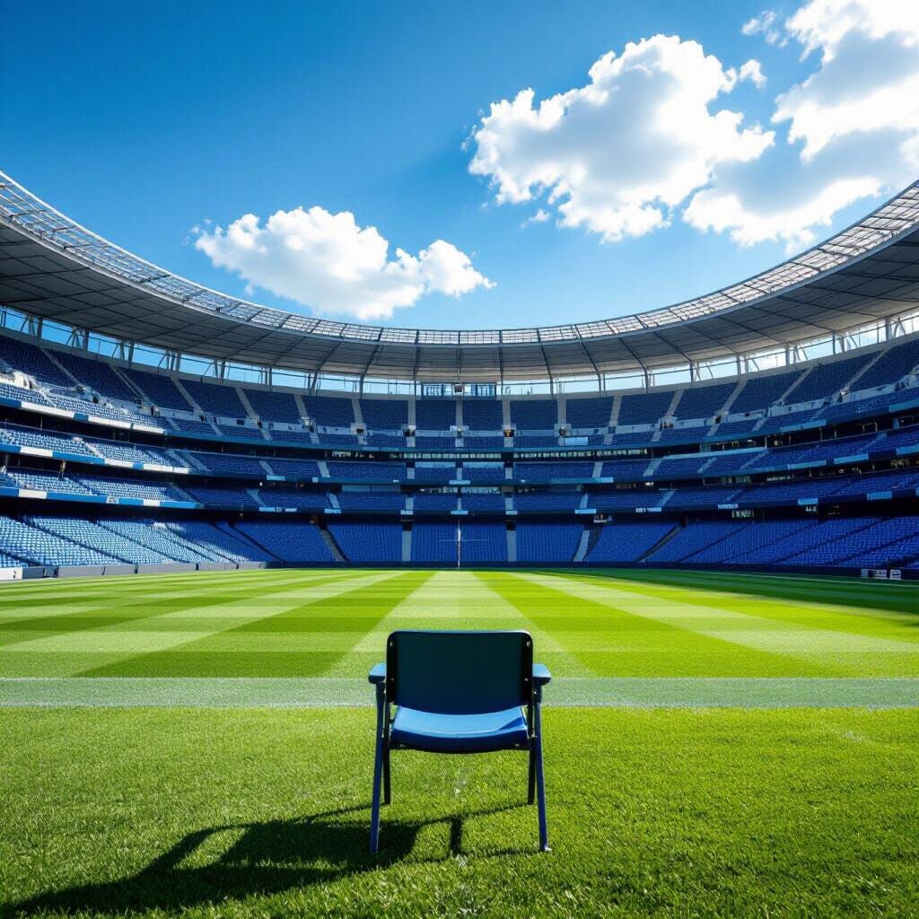 Vast Oval Stadium with Blue Stands Under Azure Sky
